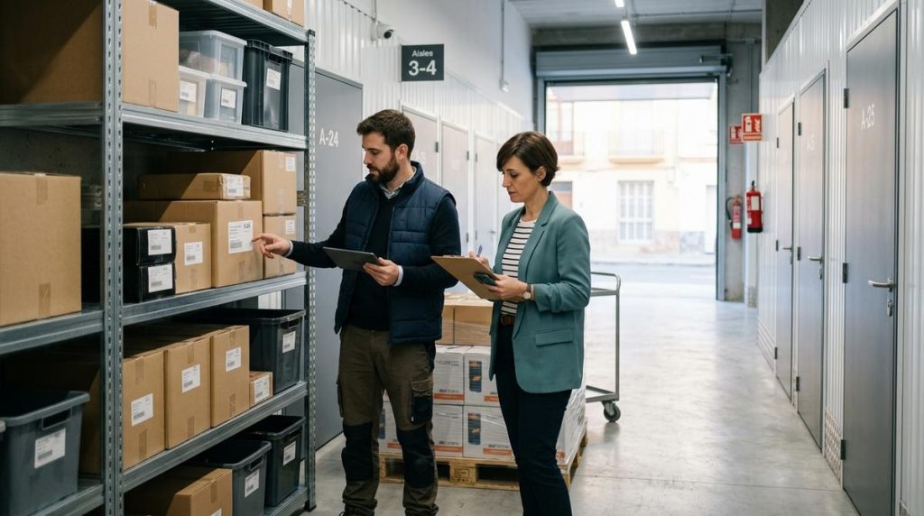 Autonomo Y Gerente De Pyme Organizando Stock En Un Trastero Moderno Usado Como Almacen Logistico En Malaga
