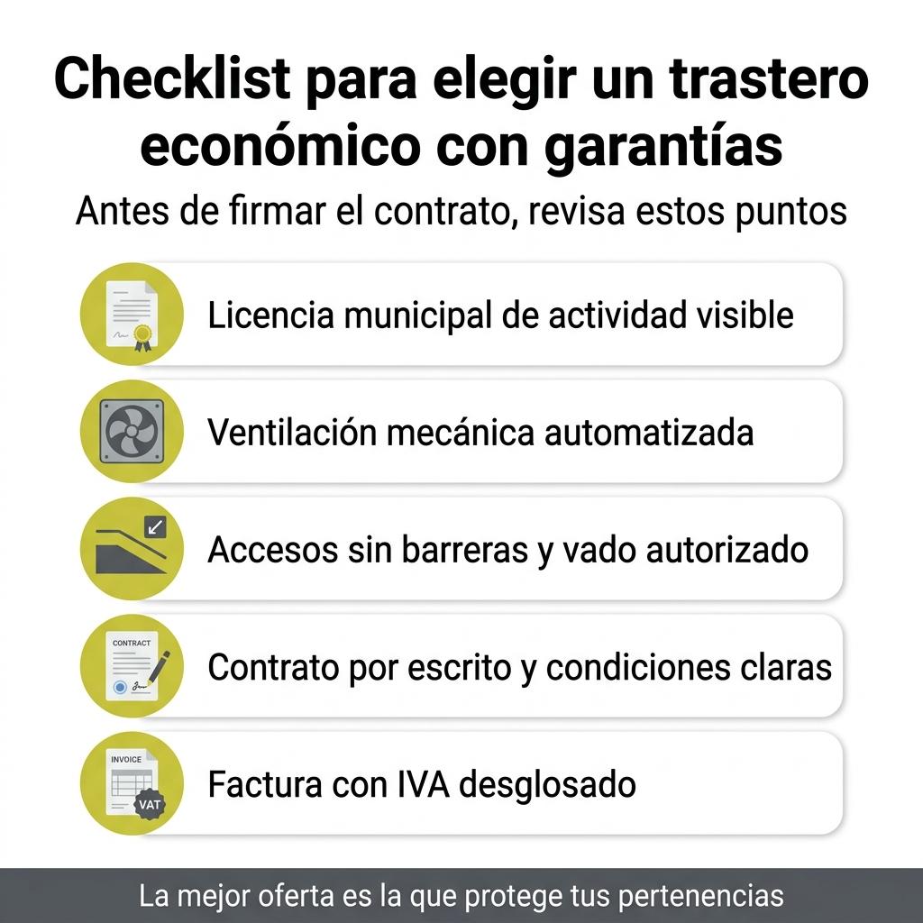 Checklist visual con los requisitos mínimos para elegir un trastero económico pero seguro en Málaga.