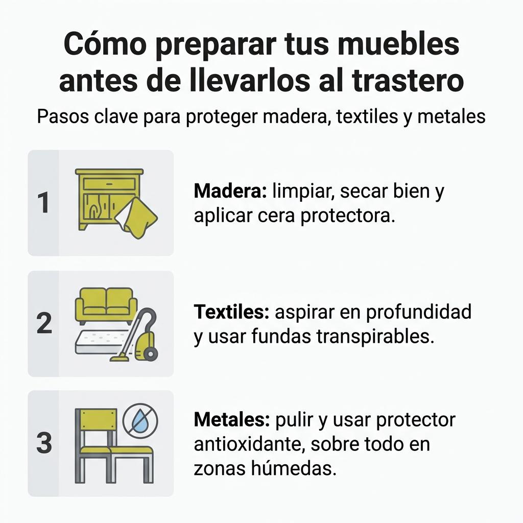 Diagrama con checklist de pasos para preparar muebles de madera, textiles y metales antes de guardarlos en un trastero.