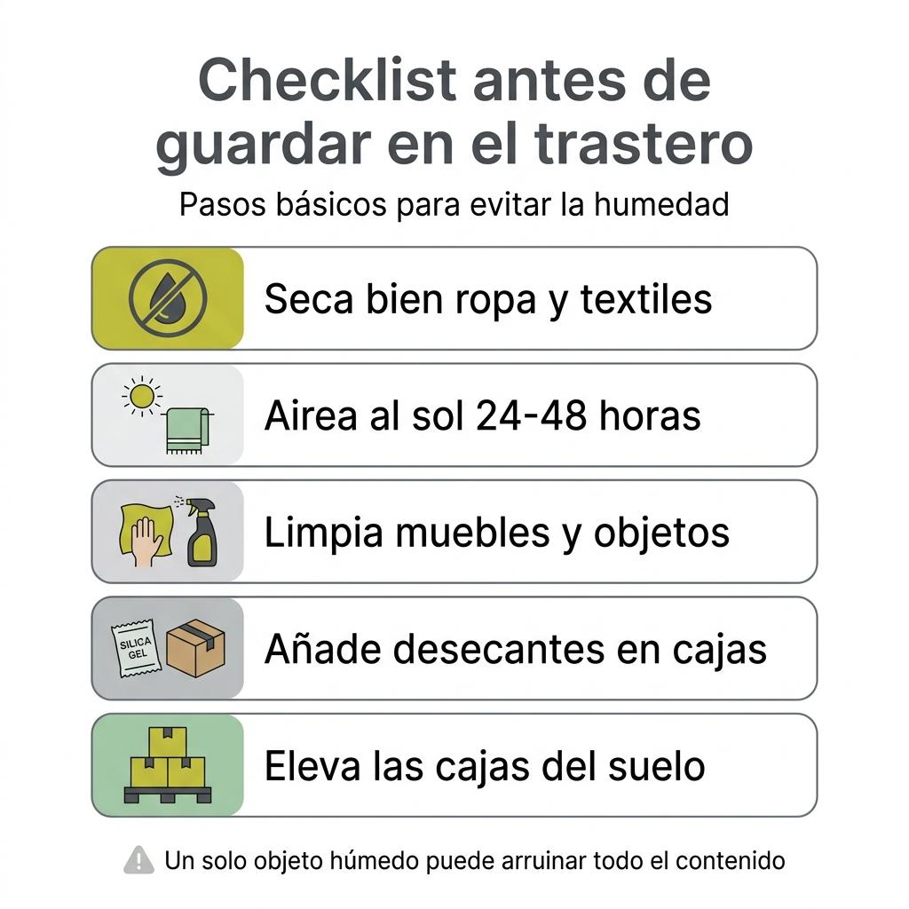 Diagrama con checklist de pasos para preparar pertenencias antes de guardarlas en un trastero húmedo