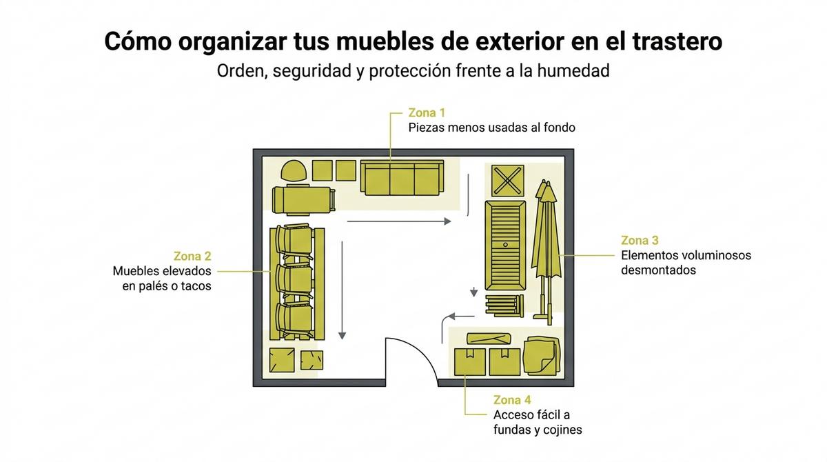 Diagrama con la organización recomendada de muebles de terraza y jardín dentro de un trastero.