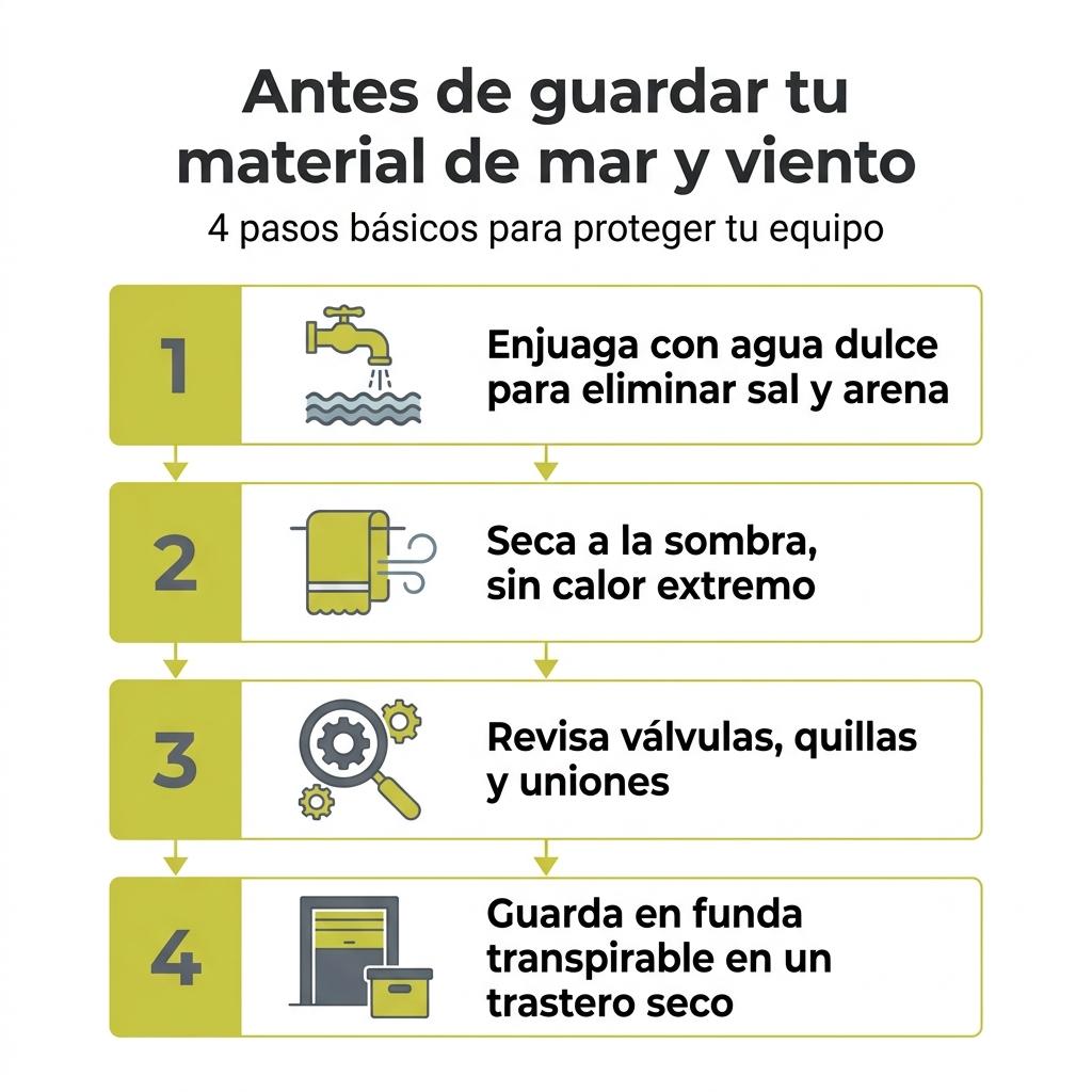Diagrama con los pasos básicos para limpiar y secar material de paddle surf y kitesurf antes de almacenarlo
