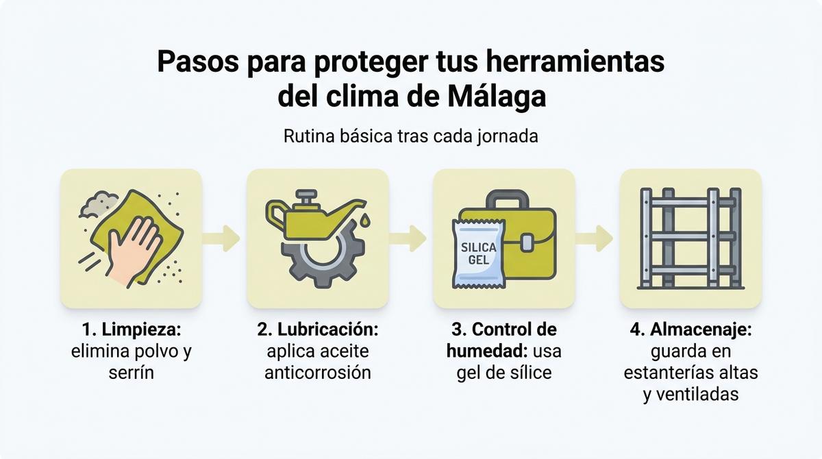 Diagrama con los pasos básicos para proteger las herramientas del clima húmedo de Málaga.