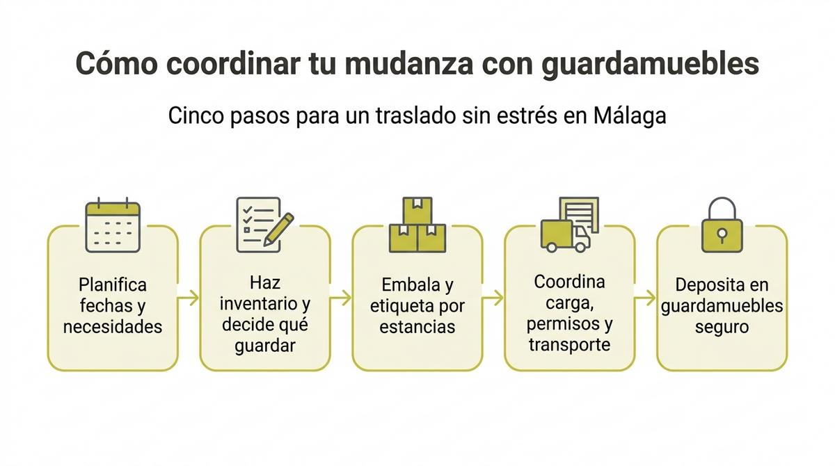 Diagrama de flujo con los pasos para coordinar una mudanza con guardamuebles en Málaga.