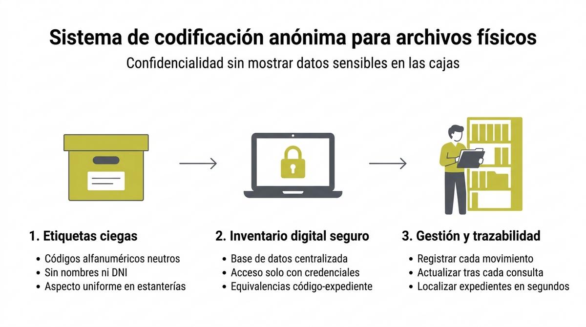 Diagrama de tres pasos sobre etiquetas ciegas, inventario digital y trazabilidad para archivar documentos con codificación anónima