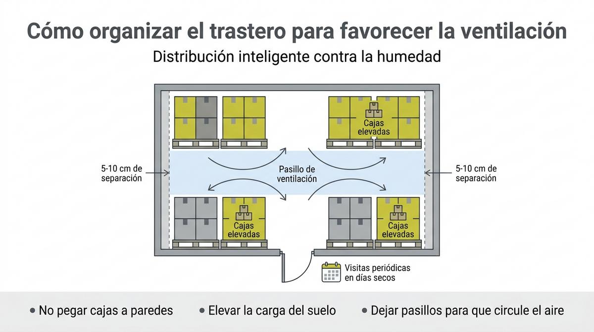 Diagrama de un trastero mostrando cajas elevadas, separación de paredes y pasillo central para ventilación