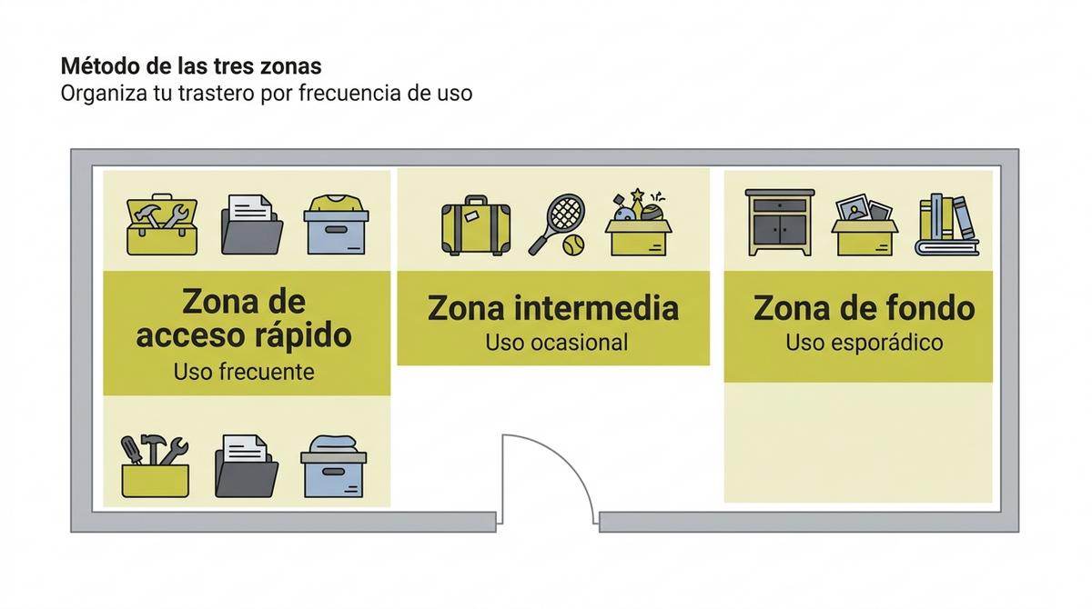 Diagrama de un trastero visto desde arriba dividido en tres zonas según la frecuencia de uso de los objetos.