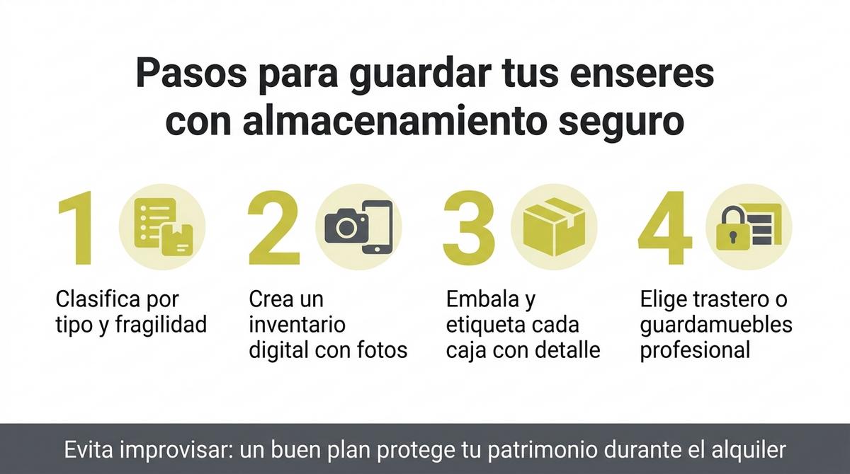 Diagrama en cuatro pasos que explica cómo guardar los enseres personales de forma segura antes de alquilar un piso.