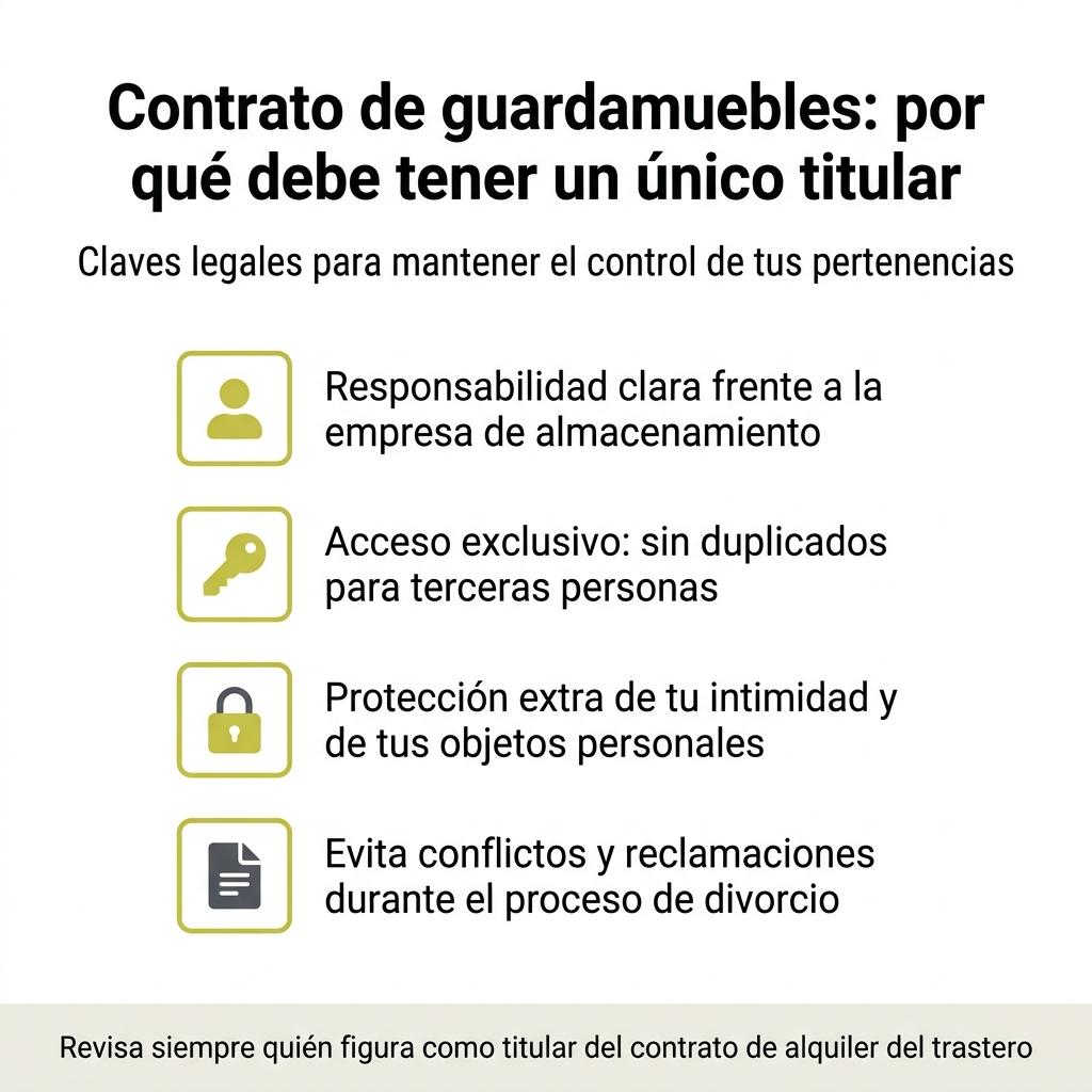 Diagrama en forma de checklist con claves legales sobre la titularidad del contrato de guardamuebles