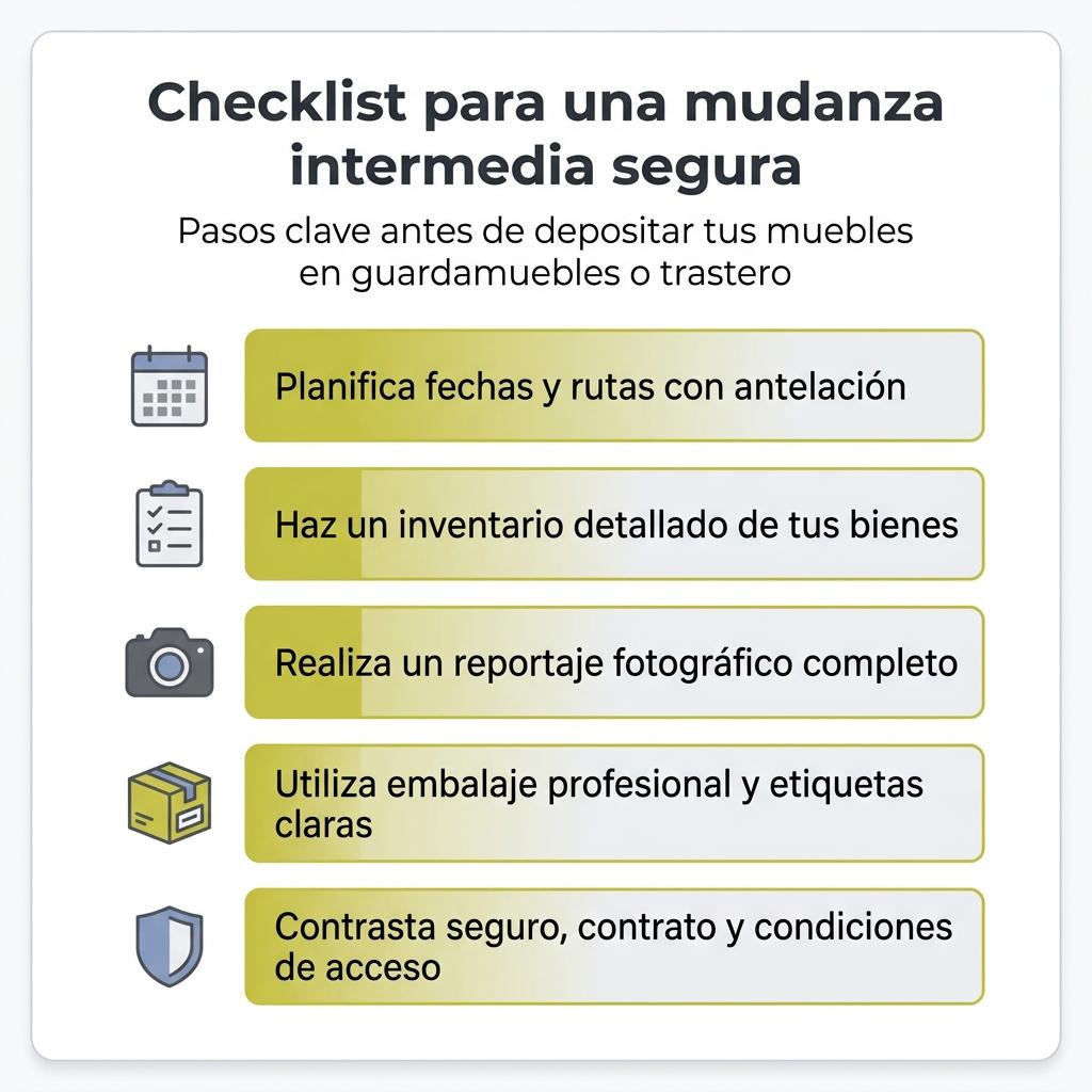 Diagrama en forma de checklist con pasos clave para organizar una mudanza intermedia segura