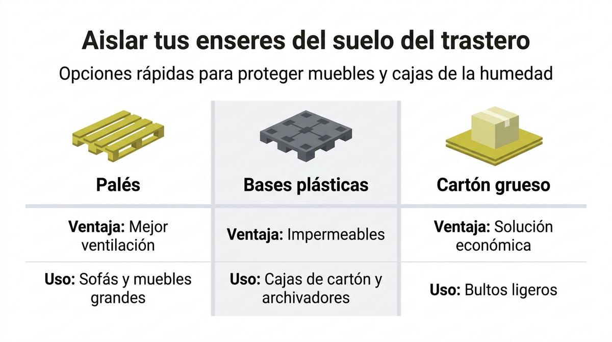 Diagrama en forma de tabla que compara palés, bases plásticas y cartón grueso para aislar los objetos del suelo del trastero.