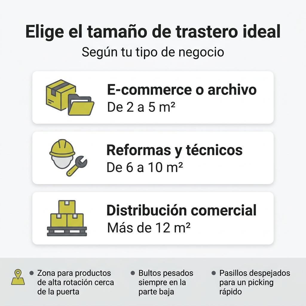 Diagrama sobre tamaños recomendados de trasteros según el tipo de negocio y consejos de organización de stock