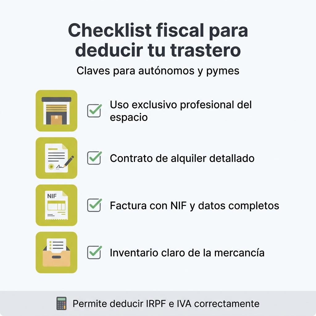 Diagrama tipo checklist con los requisitos fiscales para deducir el alquiler de un trastero profesional