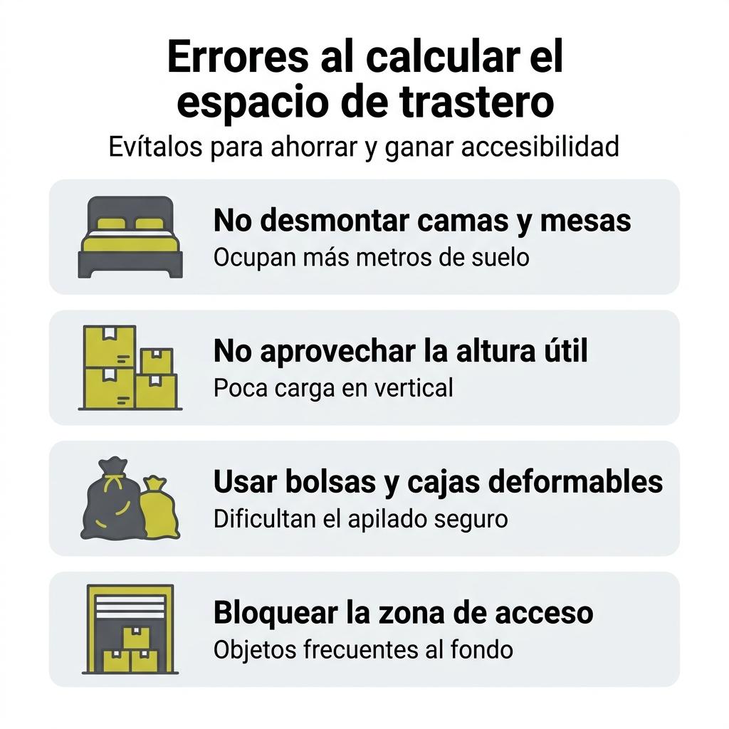Diagrama visual con los cuatro errores más frecuentes al calcular y organizar el espacio en un trastero.