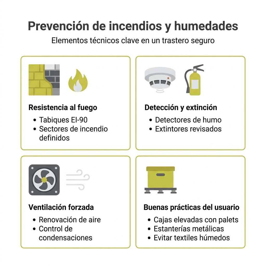 Diagrama visual sobre prevención de incendios y humedades en trasteros de alquiler seguros.