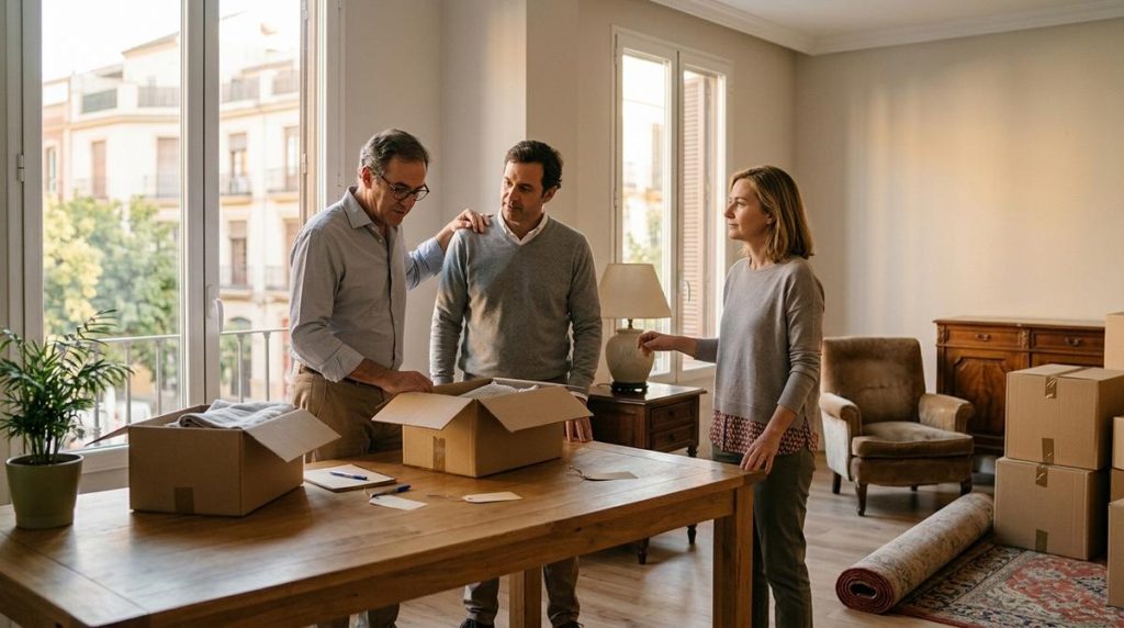 Familia Adulta Organizando Los Muebles Y Cajas De Una Herencia En El Salon Luminoso De Una Vivienda En Malaga