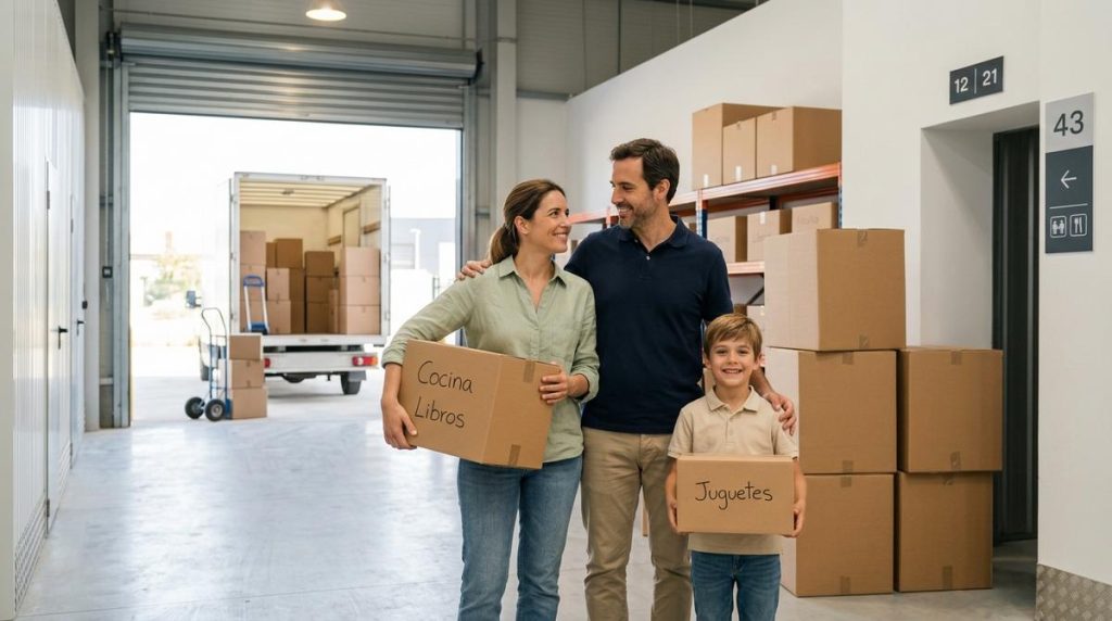 Familia Joven Sonriendo Mientras Organiza Cajas En Un Guardamuebles Moderno Con Un Camion De Mudanzas Al Fondo