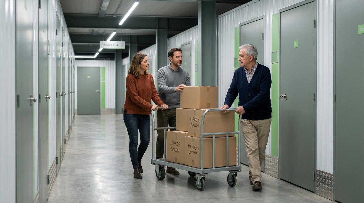 Familia trasladando cajas con muebles y enseres heredados a un pasillo de guardamuebles y trasteros modernos.