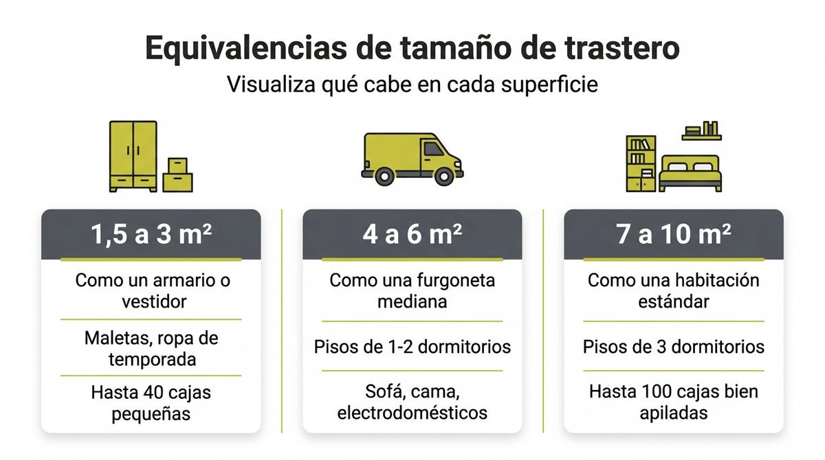 Infografía comparativa con equivalencias de espacio entre trasteros de 1,5 a 10 metros cuadrados y su capacidad aproximada.