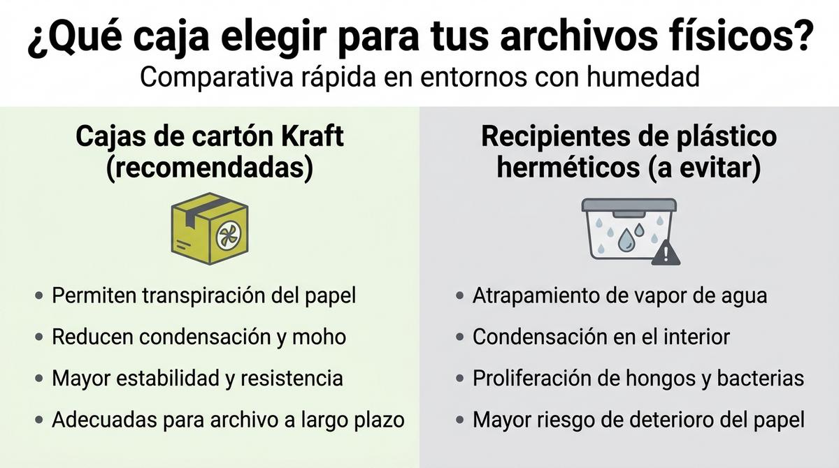 Infografía comparativa entre cajas de cartón Kraft recomendadas y recipientes de plástico a evitar para archivar documentos