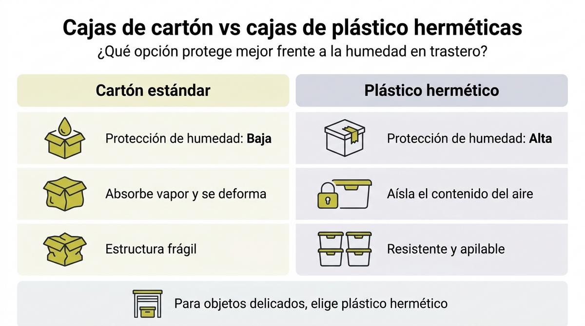 Infografía comparativa entre cajas de cartón y cajas de plástico herméticas para trastero