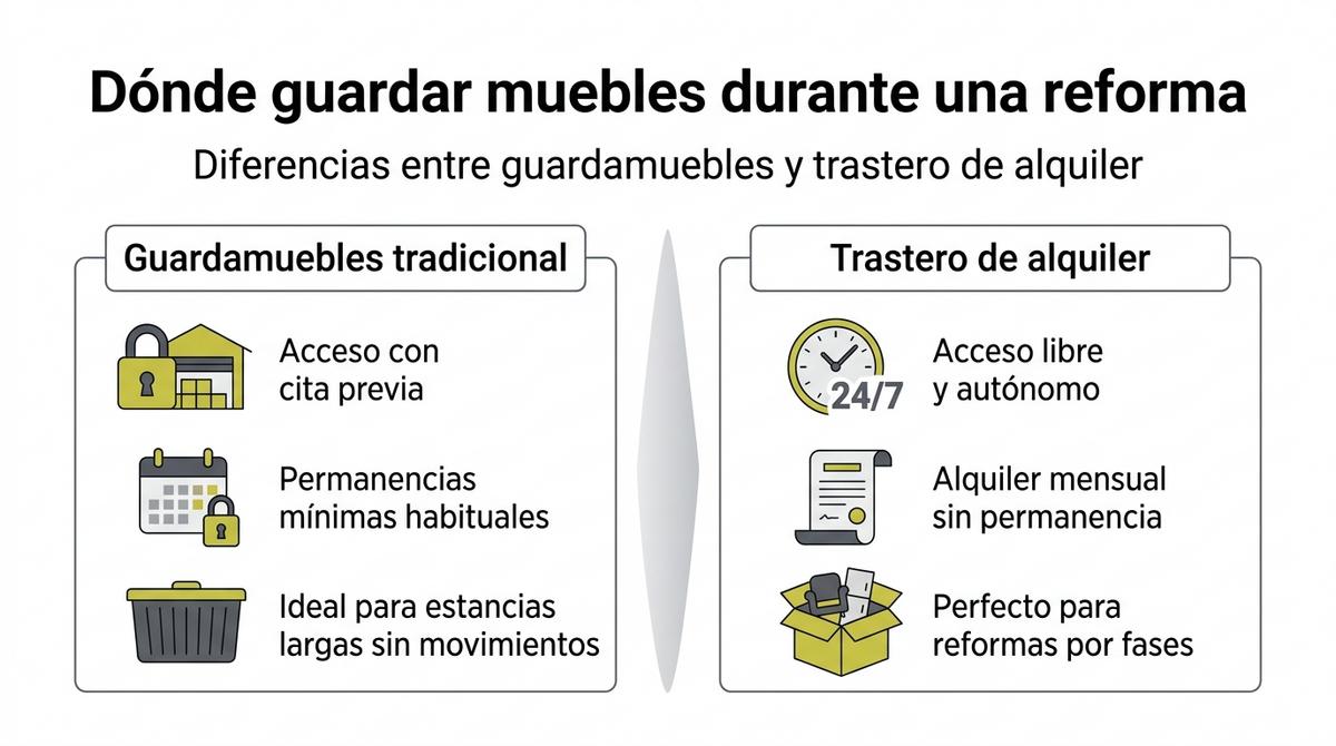Infografía comparativa entre guardamuebles tradicional y trastero de alquiler para reformas en casa.