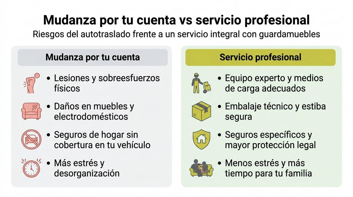 Infografía comparativa entre mudanza por tu cuenta y servicio profesional con guardamuebles.