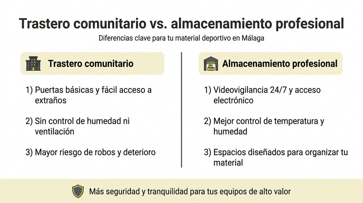 Infografía comparativa entre trastero comunitario y almacenamiento profesional para material deportivo
