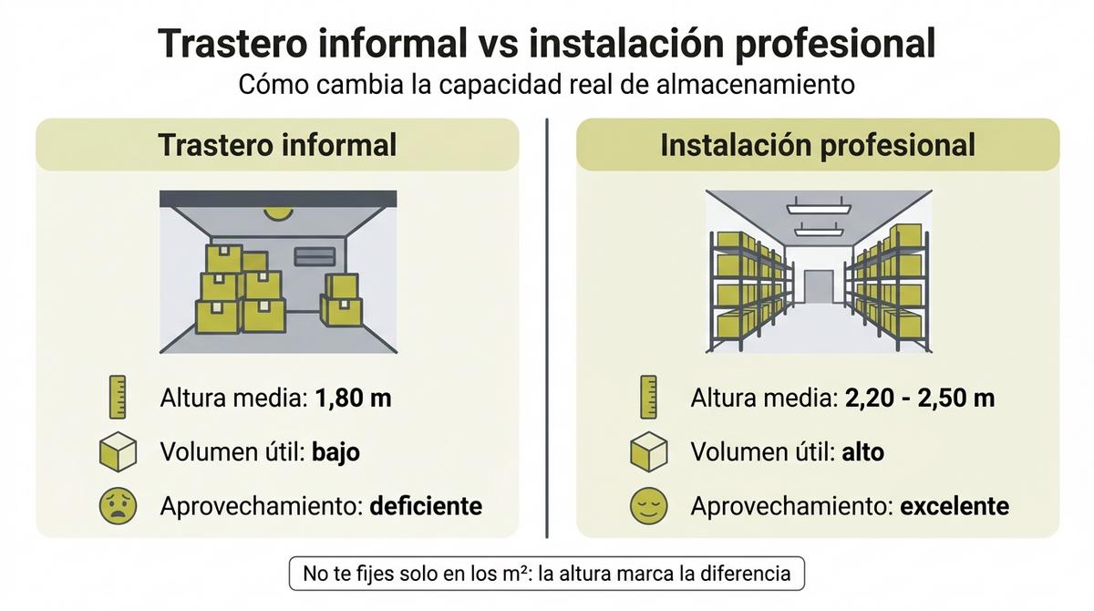 Infografía comparativa entre un trastero informal de techo bajo y una instalación profesional con mayor altura útil.