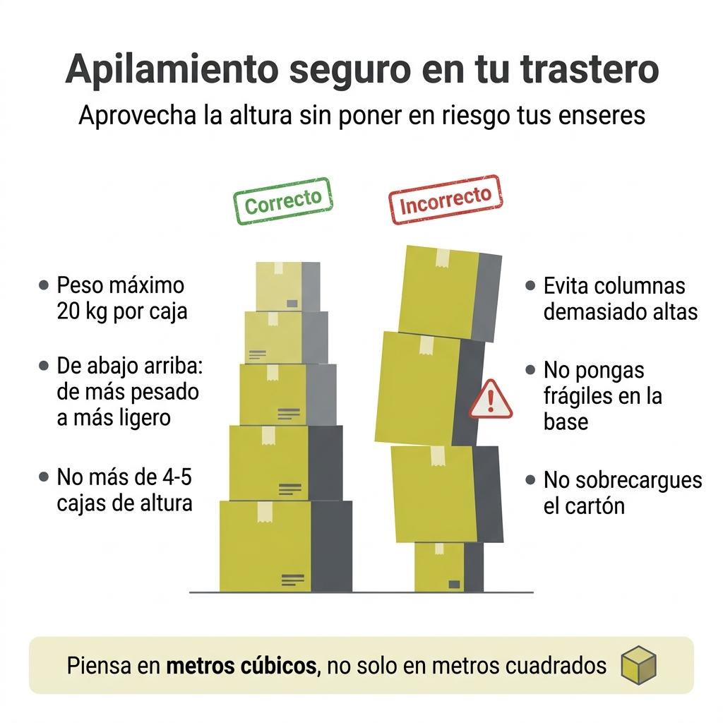 Infografía comparativa que muestra un apilamiento correcto e incorrecto de cajas dentro de un trastero.
