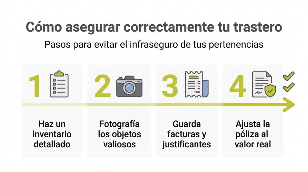 Infografía con los pasos básicos para asegurar correctamente un trastero y evitar el infraseguro.