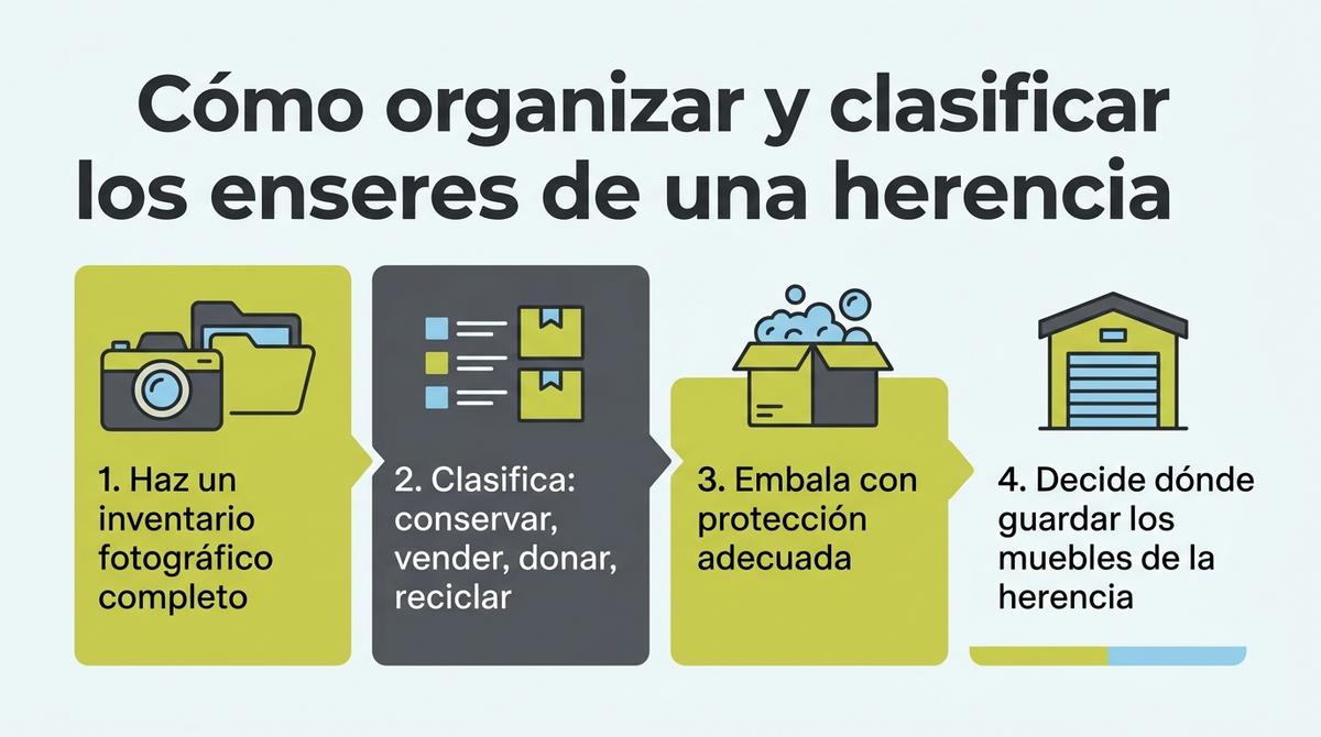 Infografía con los pasos para organizar y clasificar los enseres de una herencia.