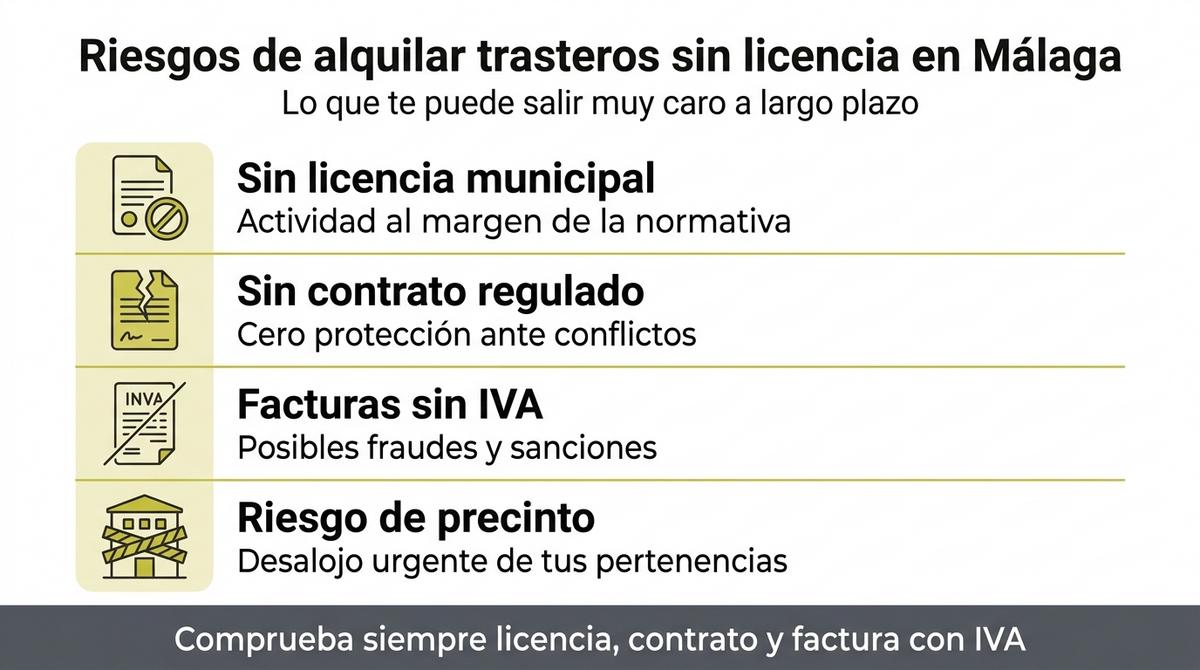 Infografía con los principales riesgos de contratar un trastero sin licencia municipal en Málaga.