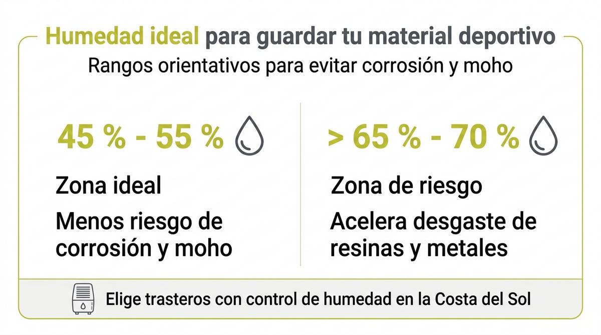 Infografía con tabla comparativa de rangos de humedad recomendados para el almacenamiento de material deportivo