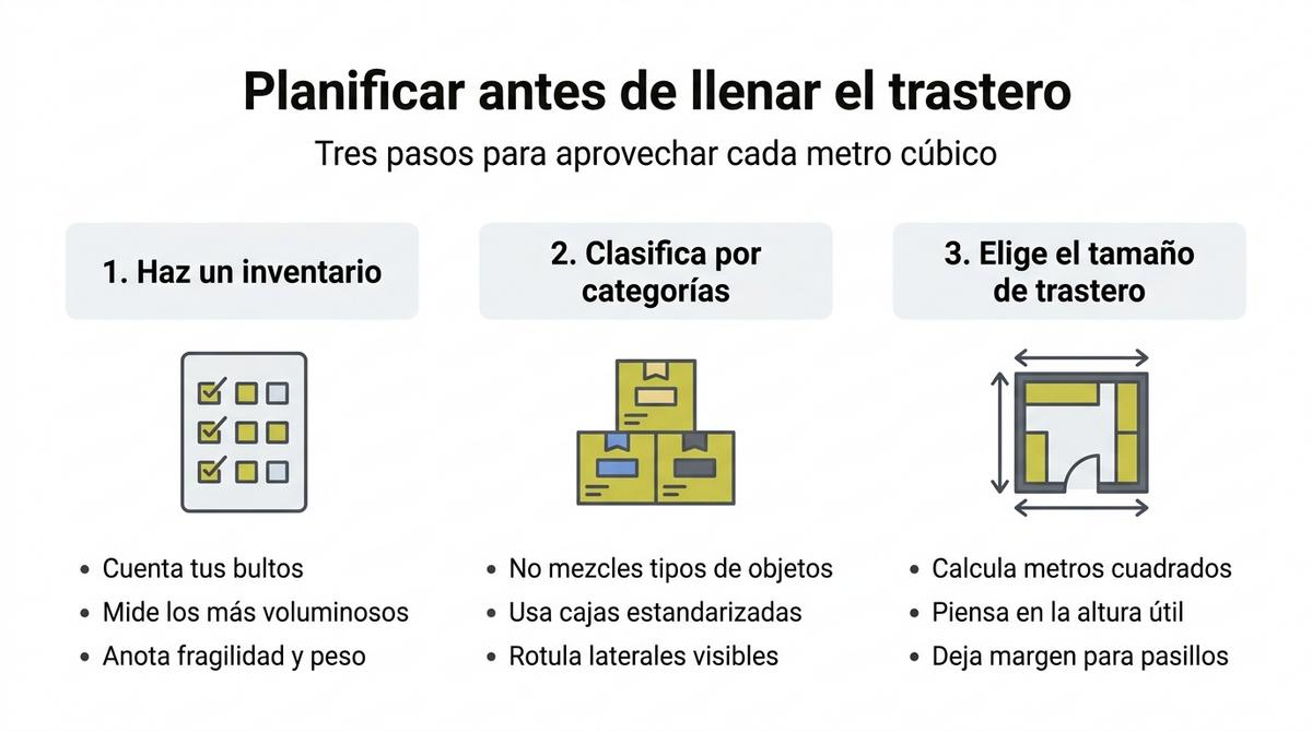 Infografía con tres pasos básicos para planificar qué guardar antes de contratar un trastero de alquiler.