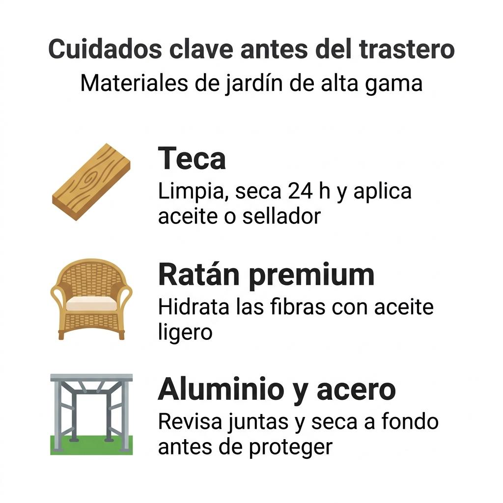 Infografía con un checklist de cuidados para teca, ratán y metales antes de guardarlos en un trastero.