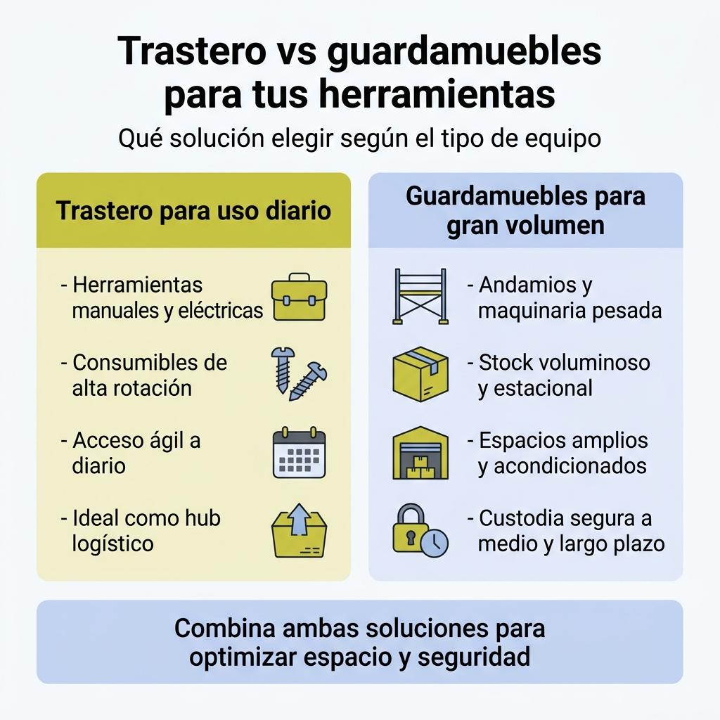Infografía que compara el uso de trastero y guardamuebles para almacenar herramientas y equipos de trabajo.
