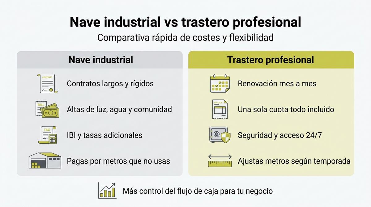 Infografía que compara nave industrial tradicional y trastero profesional para pymes y autónomos