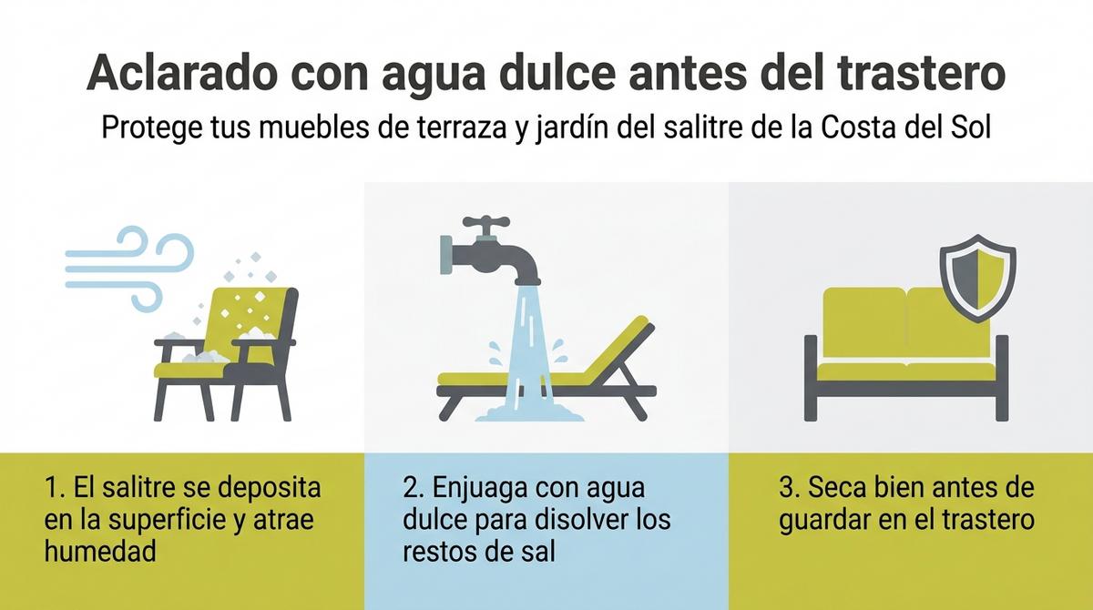 Infografía que explica el aclarado con agua dulce para eliminar el salitre de los muebles de terraza antes de llevarlos al trastero.