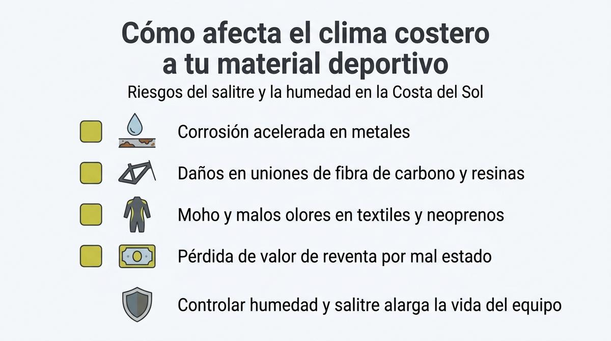 Infografía que explica los principales efectos del clima costero en el material deportivo de alto valor