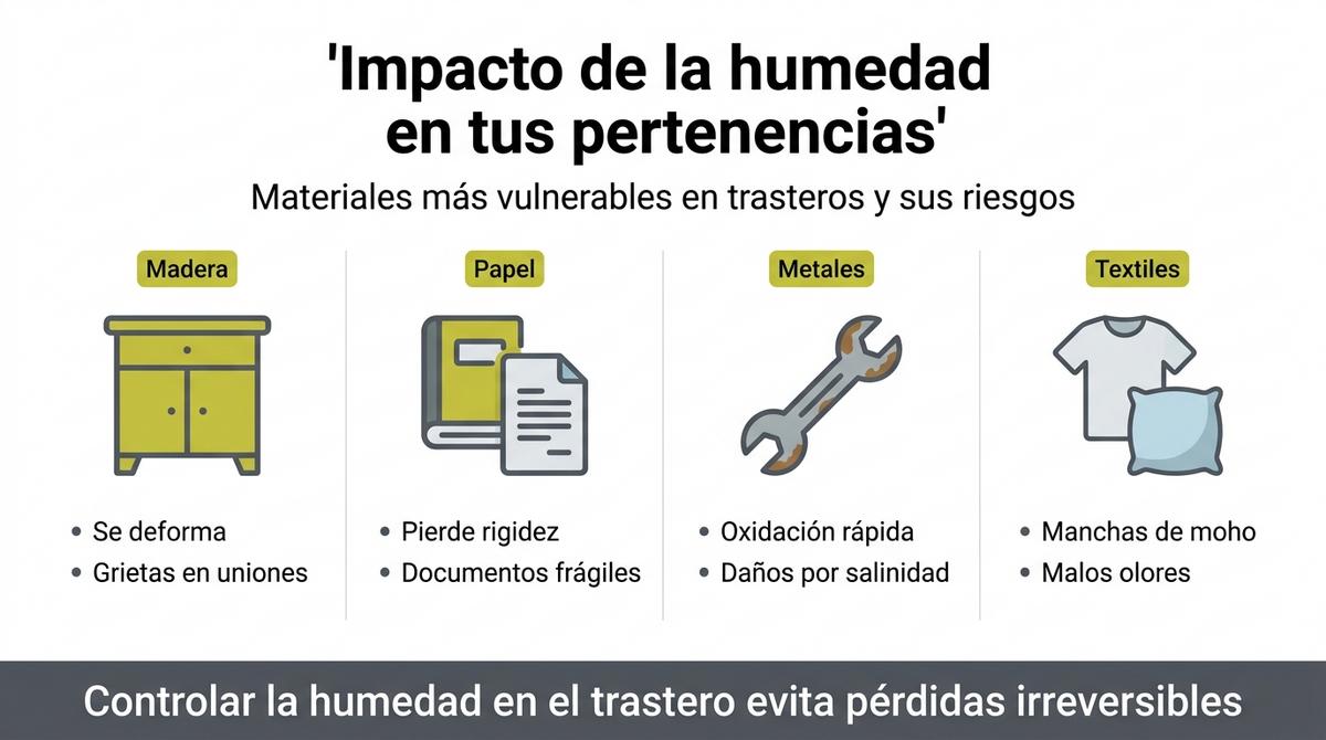Infografía que muestra cómo la humedad afecta a madera, papel, metales y textiles en un trastero