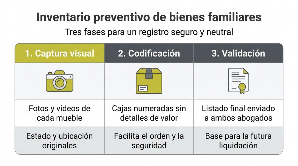 Infografía que muestra las tres fases del inventario preventivo de bienes familiares