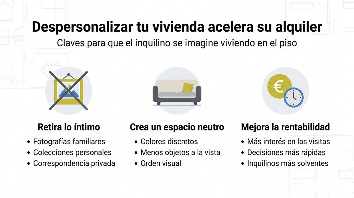Infografía que resume cómo la despersonalización de una vivienda acelera su alquiler mediante tres columnas de consejos.