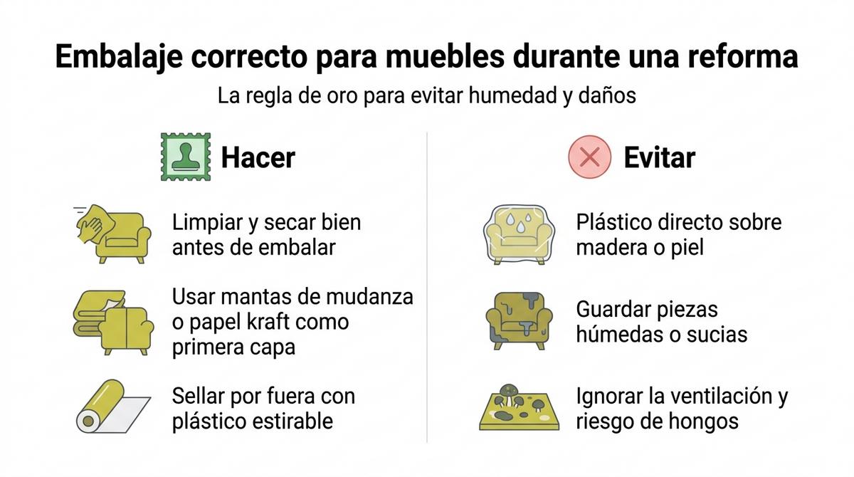 Infografía sobre buenas y malas prácticas de embalaje de muebles para reformas y almacenaje temporal.