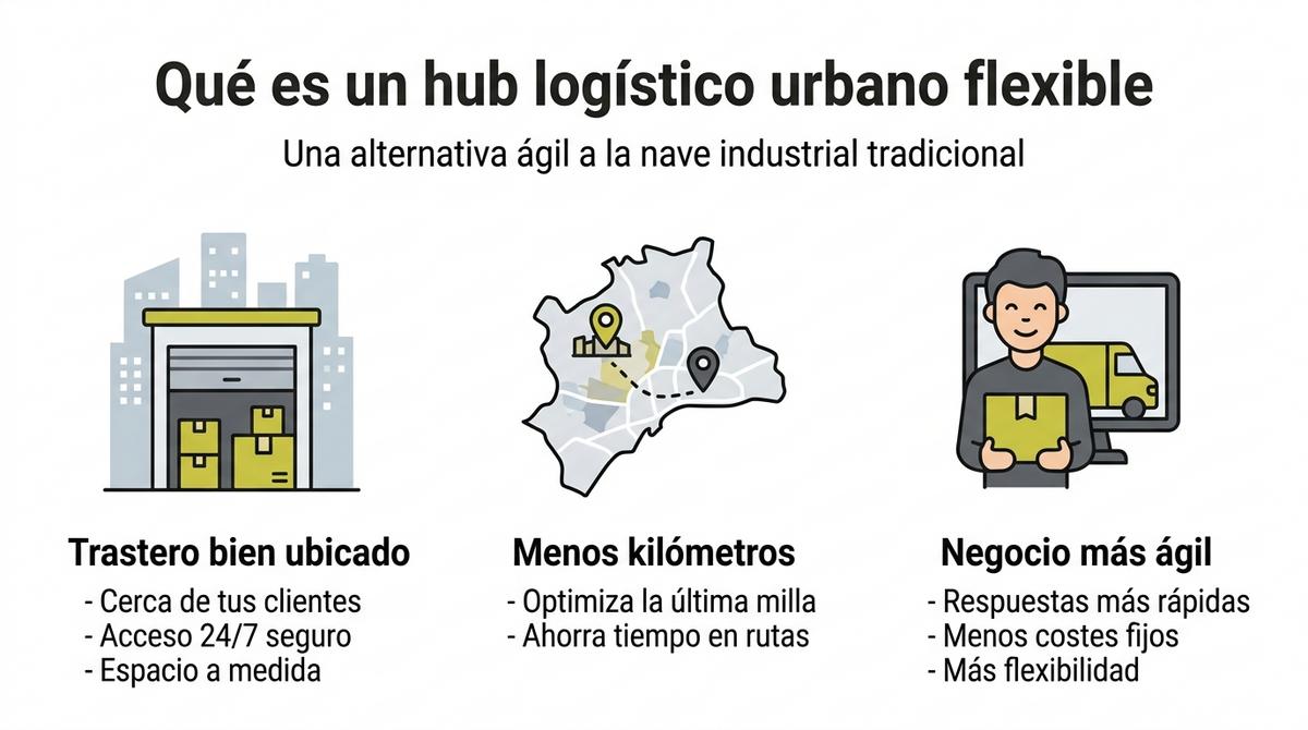 Infografía sobre el concepto de hub logístico urbano flexible con trasteros para autónomos y pymes en Málaga