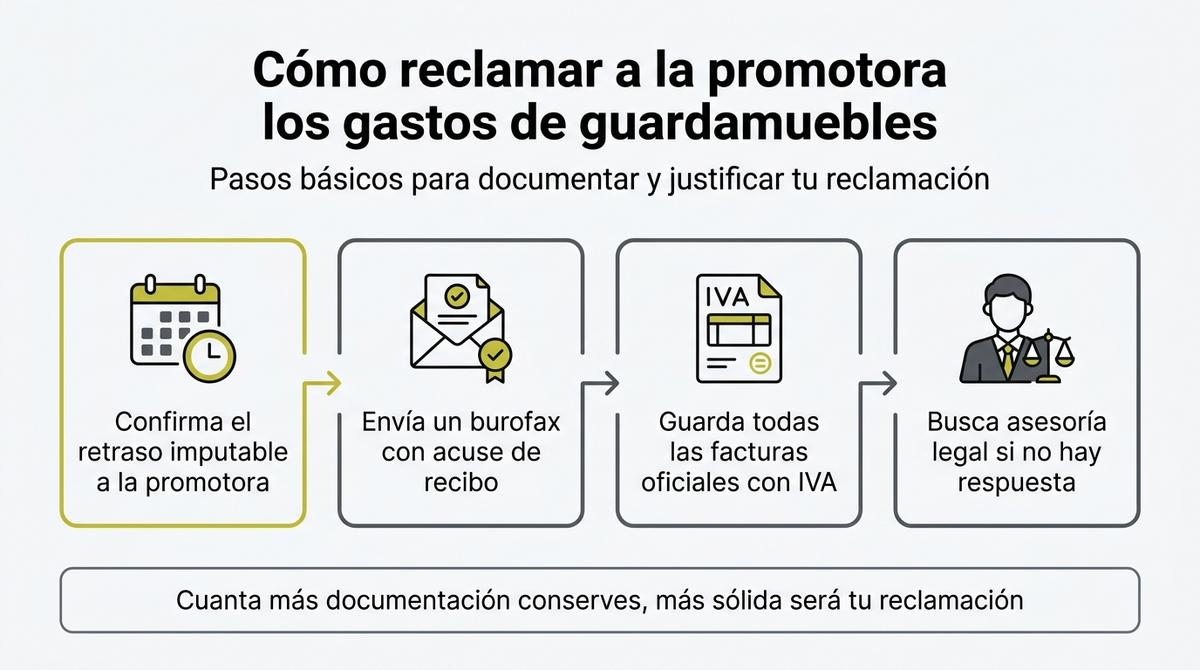 Infografía sobre los pasos básicos para reclamar a la promotora los gastos de guardamuebles