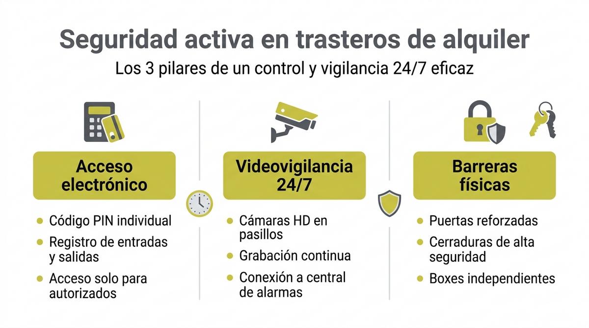 Infografía sobre los pilares de la seguridad activa y la vigilancia 24 horas en trasteros de alquiler.