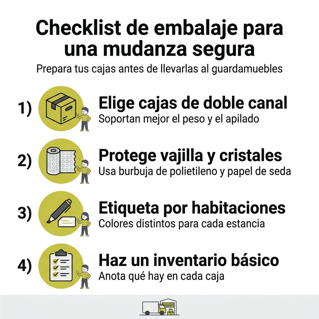 Infografía tipo checklist con pasos clave para embalar y etiquetar cajas antes de una mudanza.