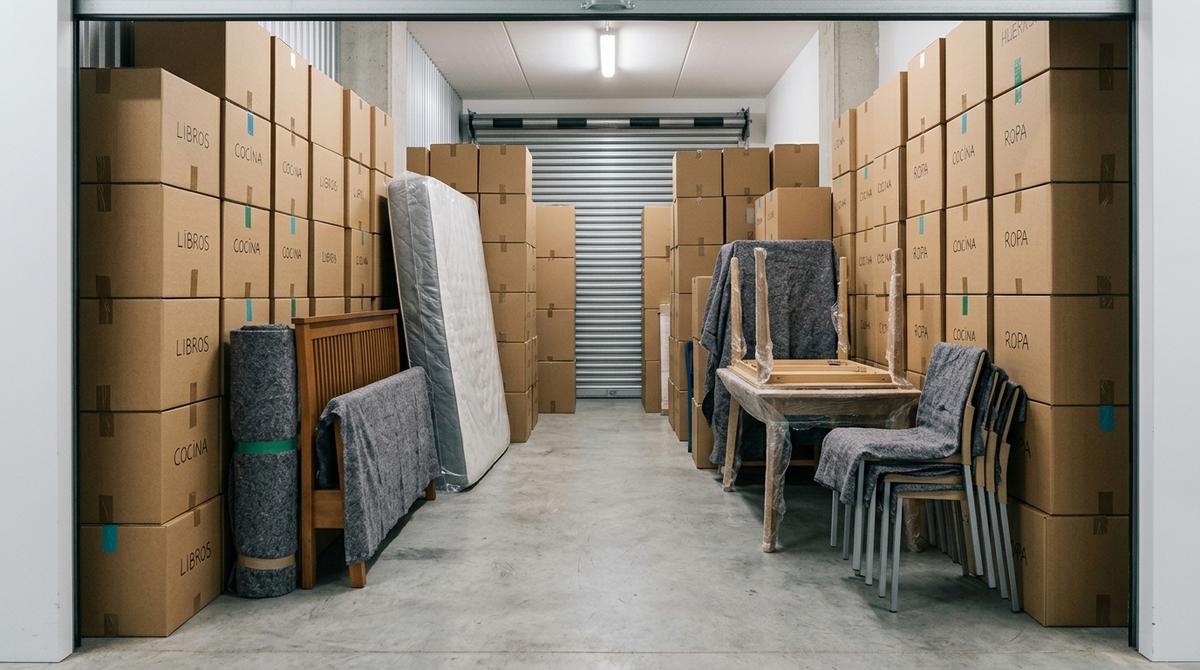Interior de un trastero con cajas uniformes apiladas hasta el techo y muebles colocados en vertical dejando un pasillo central libre.