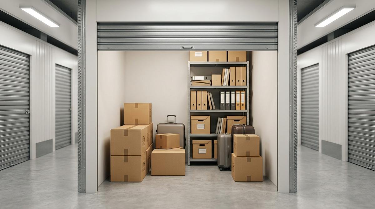 Interior ordenado de un trastero de alquiler con cajas y estantería metálica bien colocadas.